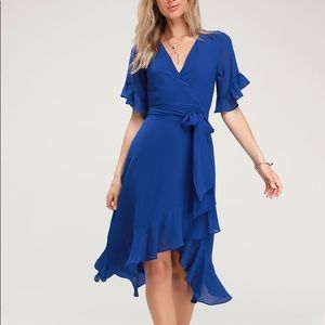 NWOT Lulus For the Frills Royal Blue HighLow Wrap Dress